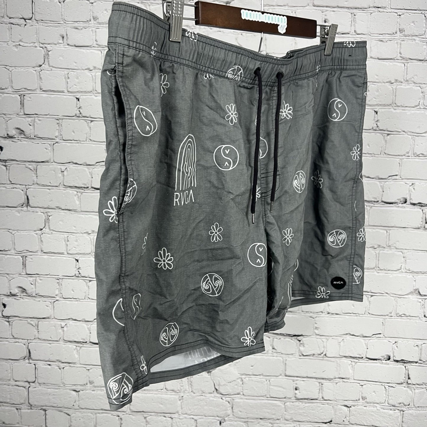 RVCA Grey Elastic Unlined Boardshorts Swim Beach Surfing Shorts 70’s Hippie XXL