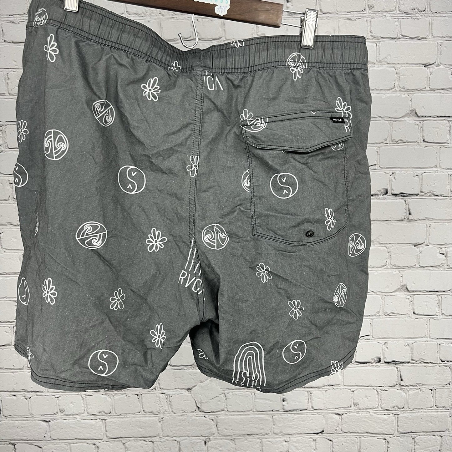 RVCA Grey Elastic Unlined Boardshorts Swim Beach Surfing Shorts 70’s Hippie XXL