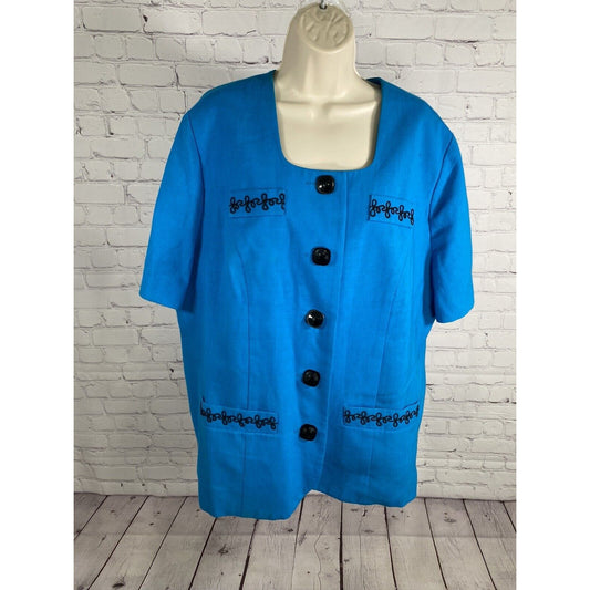 VTG Leslie Fay Blue Black Embroidered Button Up Tunic Blouse Women’s PXL