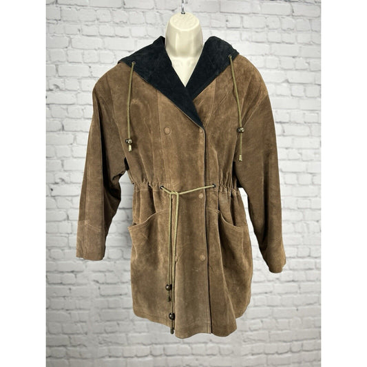 Ada Brown Leather Double Breasted Snap Button Hooded Coat Jacket Size Small S