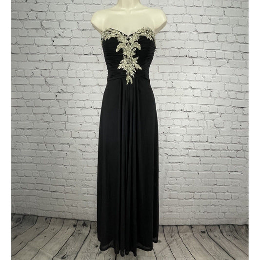Blondie Nites Black Stacy Skylar Maxi Strapless Backless Slit Prom Dress Size 9