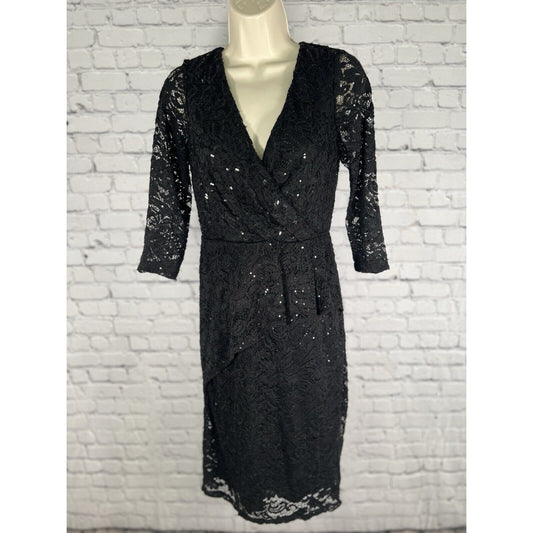 MARINA Black Sequined Lace Faux Wrap Short Dress Evening Gown Women’s Size 4
