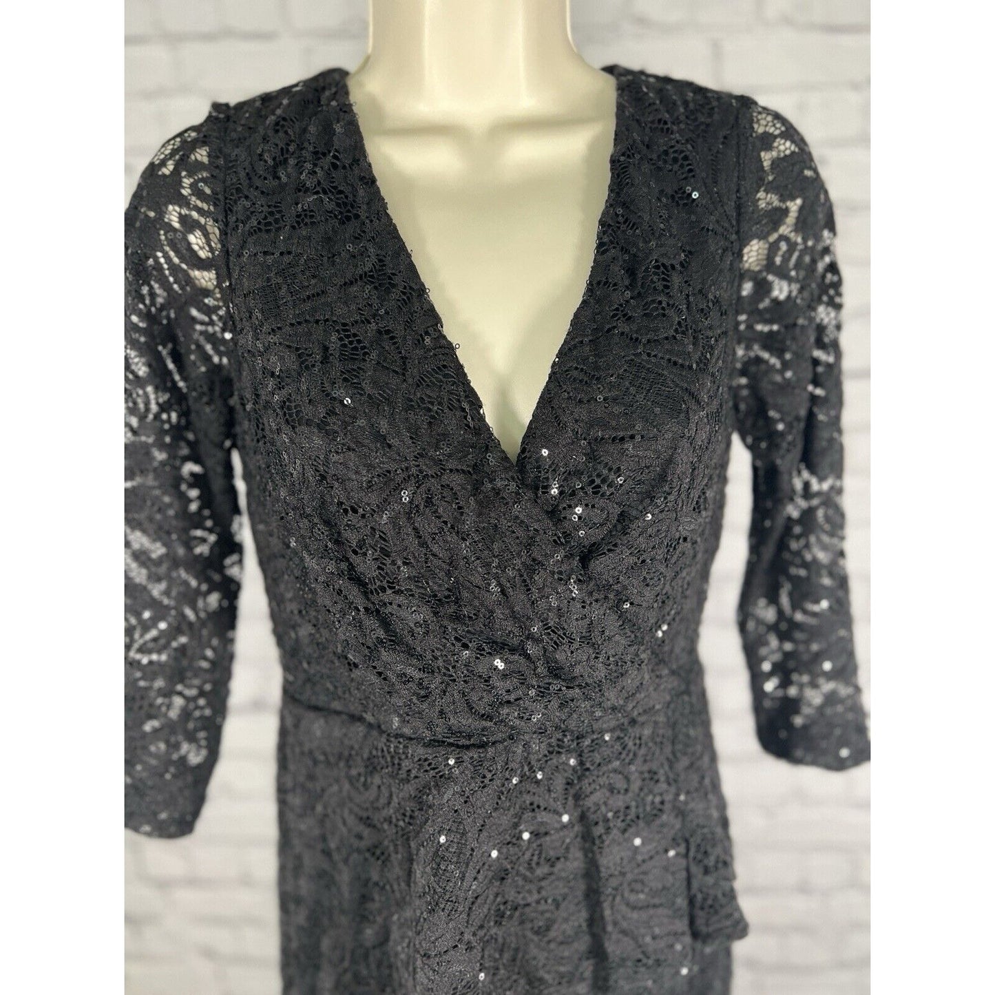 MARINA Black Sequined Lace Faux Wrap Short Dress Evening Gown Women’s Size 4