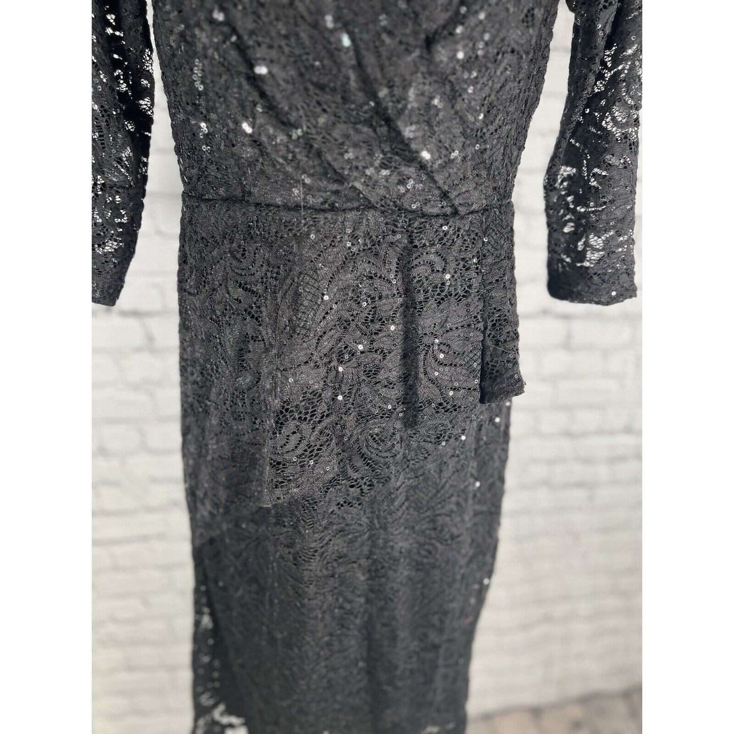 MARINA Black Sequined Lace Faux Wrap Short Dress Evening Gown Women’s Size 4