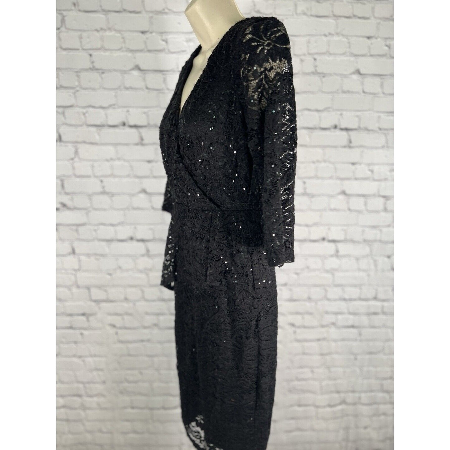 MARINA Black Sequined Lace Faux Wrap Short Dress Evening Gown Women’s Size 4