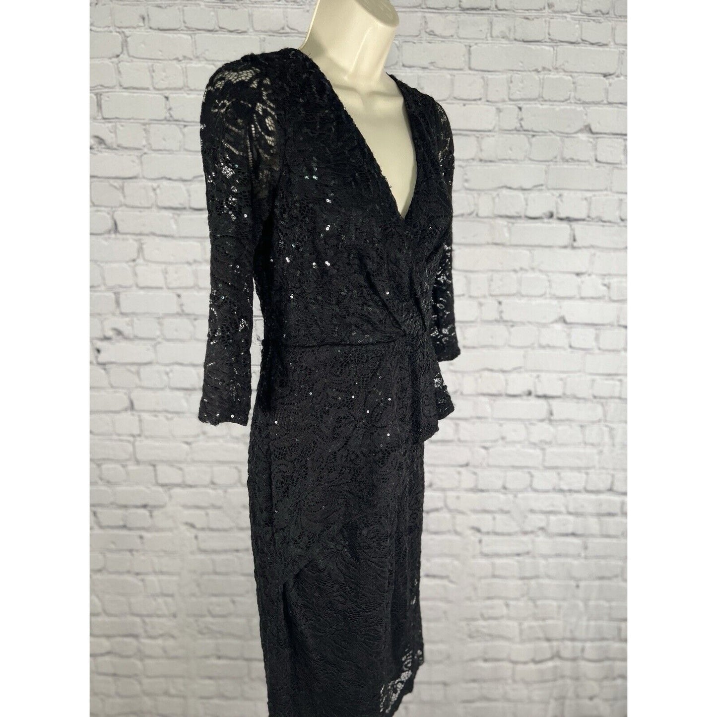 MARINA Black Sequined Lace Faux Wrap Short Dress Evening Gown Women’s Size 4