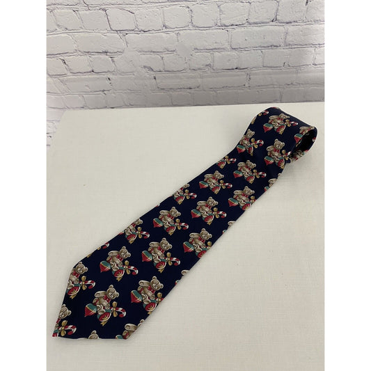 American Traditions Christmas Teddy Bear 100% Italian Silk Navy Tie 57” x 4”