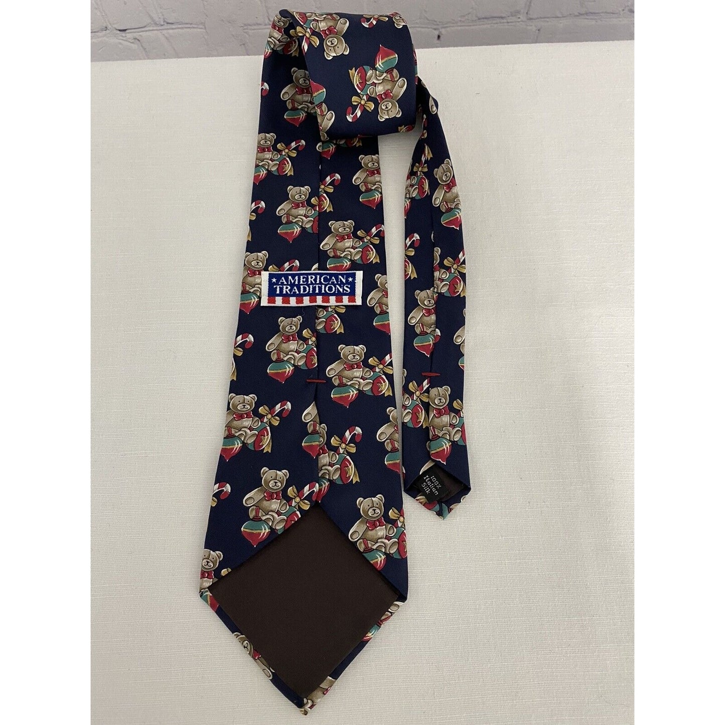 American Traditions Christmas Teddy Bear 100% Italian Silk Navy Tie 57” x 4”