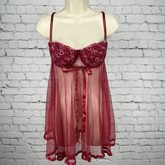VTG Inner Most Woman Sears Burgundy Pink Embroidered Hearts Bra Nightie Medium M
