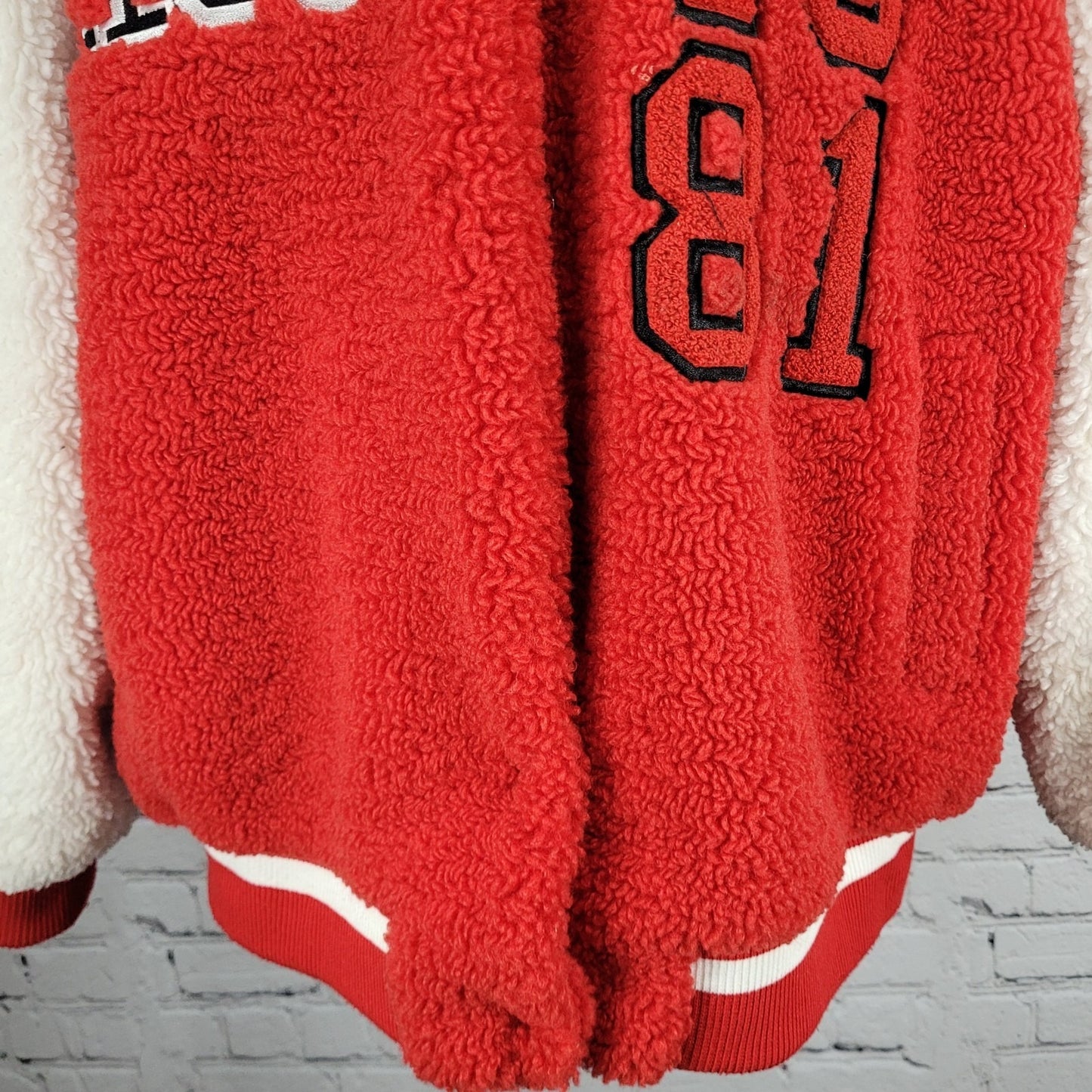 Azalea Wang Red White Sherpa Solo Bomber Retro Varsity Snap Jacket Large L