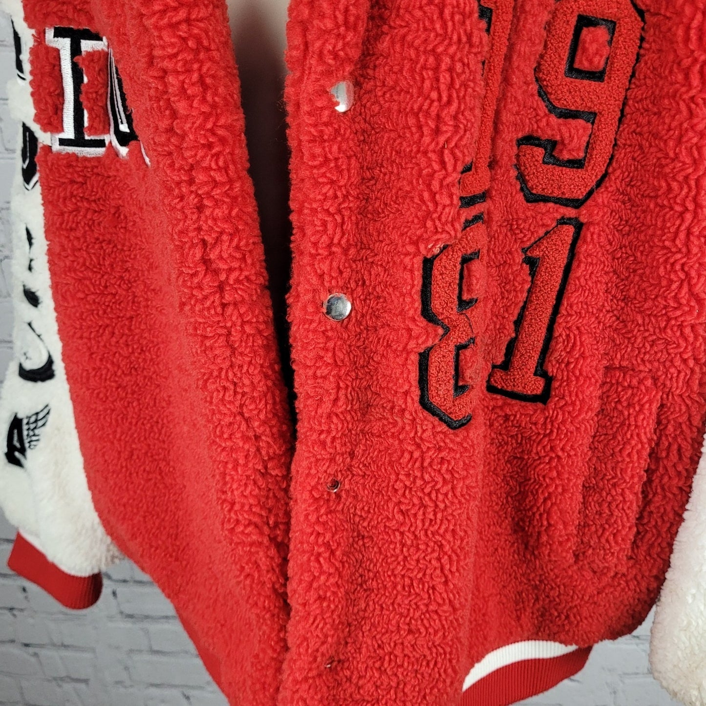 Azalea Wang Red White Sherpa Solo Bomber Retro Varsity Snap Jacket Large L