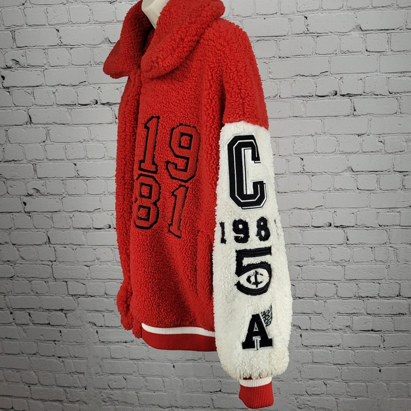 Azalea Wang Red White Sherpa Solo Bomber Retro Varsity Snap Jacket Large L