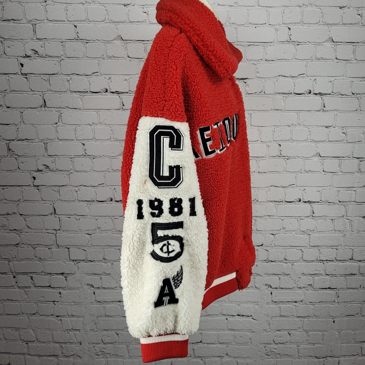 Azalea Wang Red White Sherpa Solo Bomber Retro Varsity Snap Jacket Large L