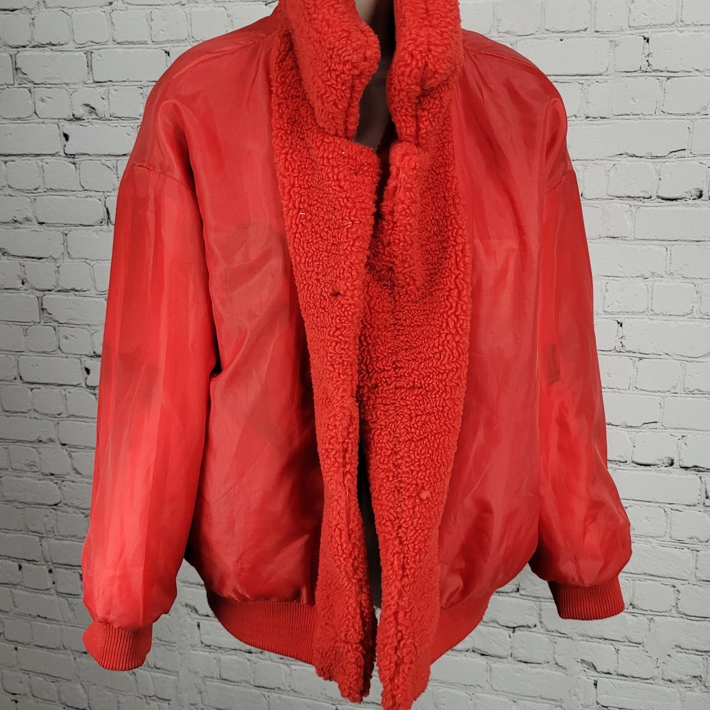 Azalea Wang Red White Sherpa Solo Bomber Retro Varsity Snap Jacket Large L