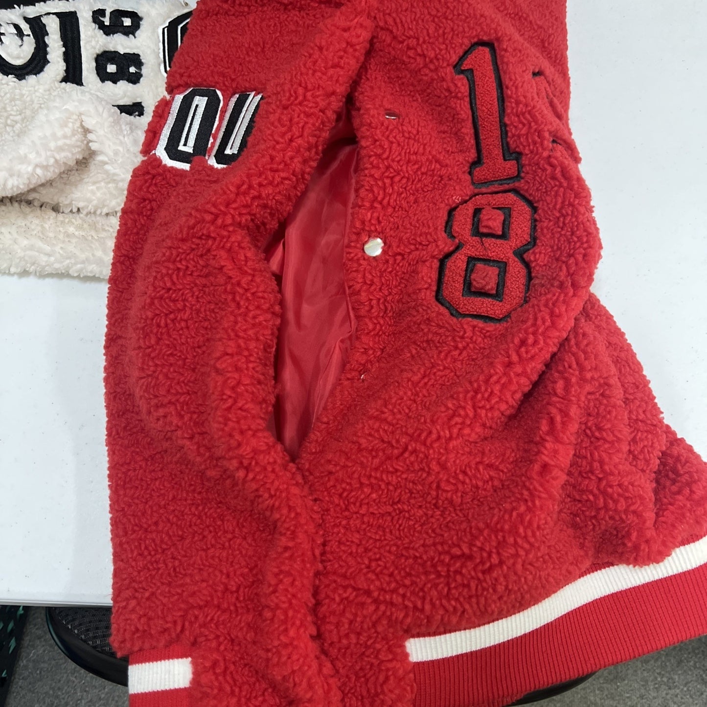 Azalea Wang Red White Sherpa Solo Bomber Retro Varsity Snap Jacket Large L