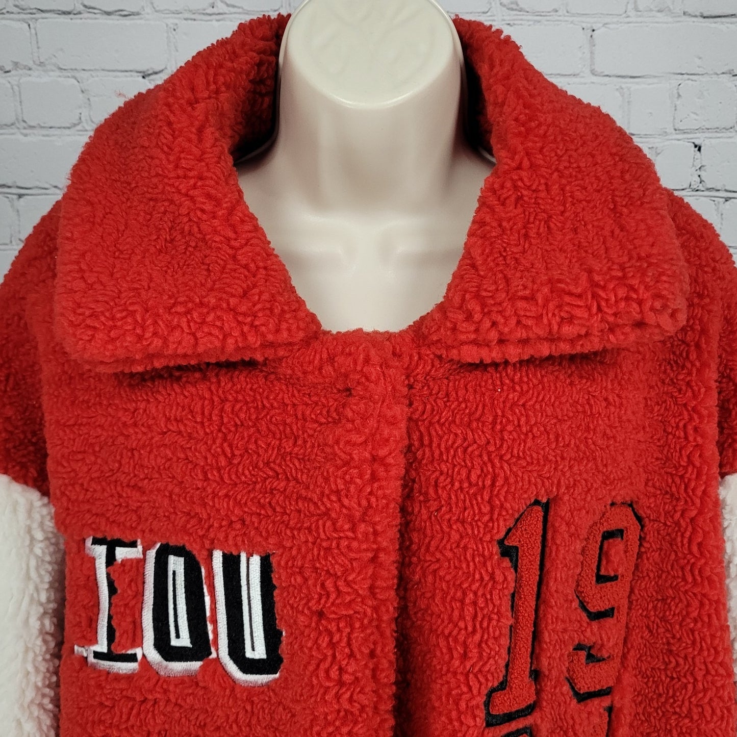 Azalea Wang Red White Sherpa Solo Bomber Retro Varsity Snap Jacket Large L