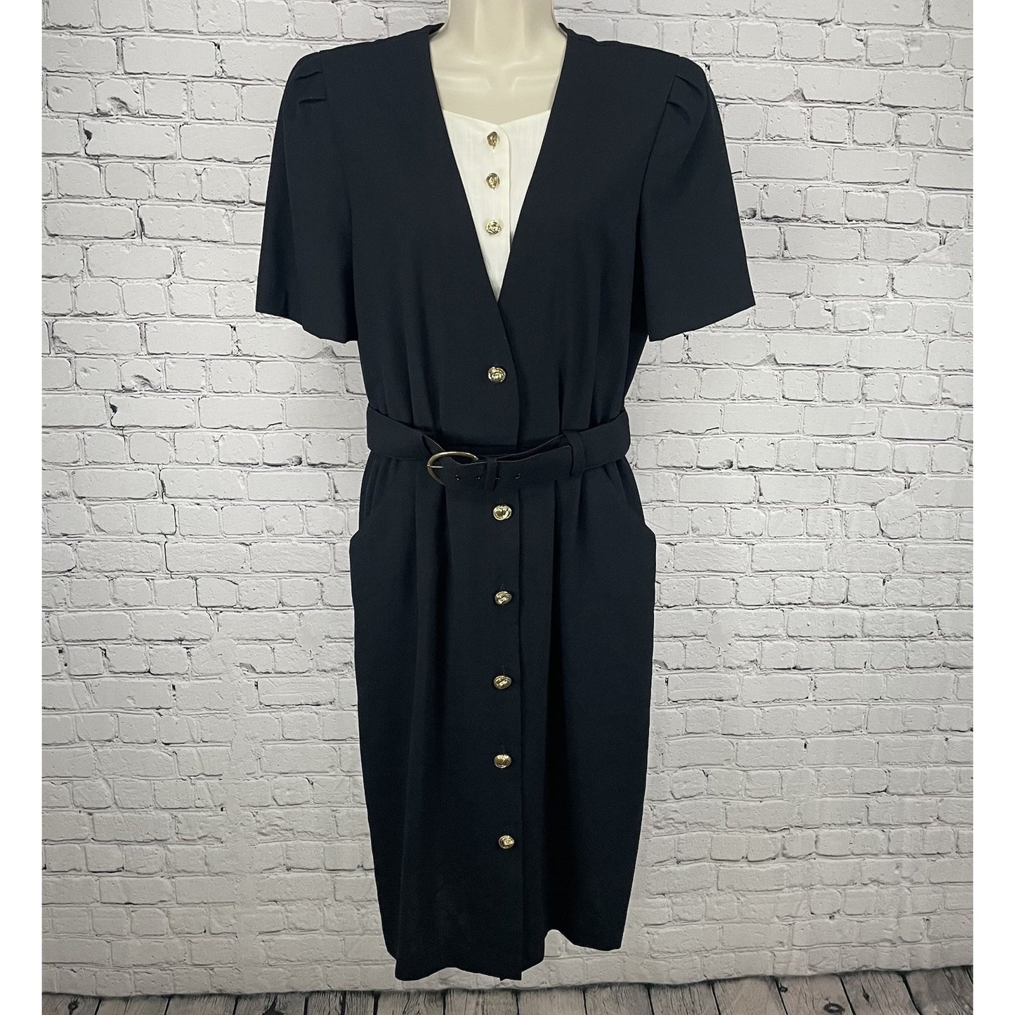 VTG Periwinkle Black Retro Padded Belted Pockets Shift Dress USA Made Size 14