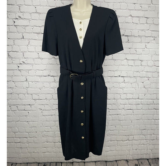 VTG Periwinkle Black Retro Padded Belted Pockets Shift Dress USA Made Size 14