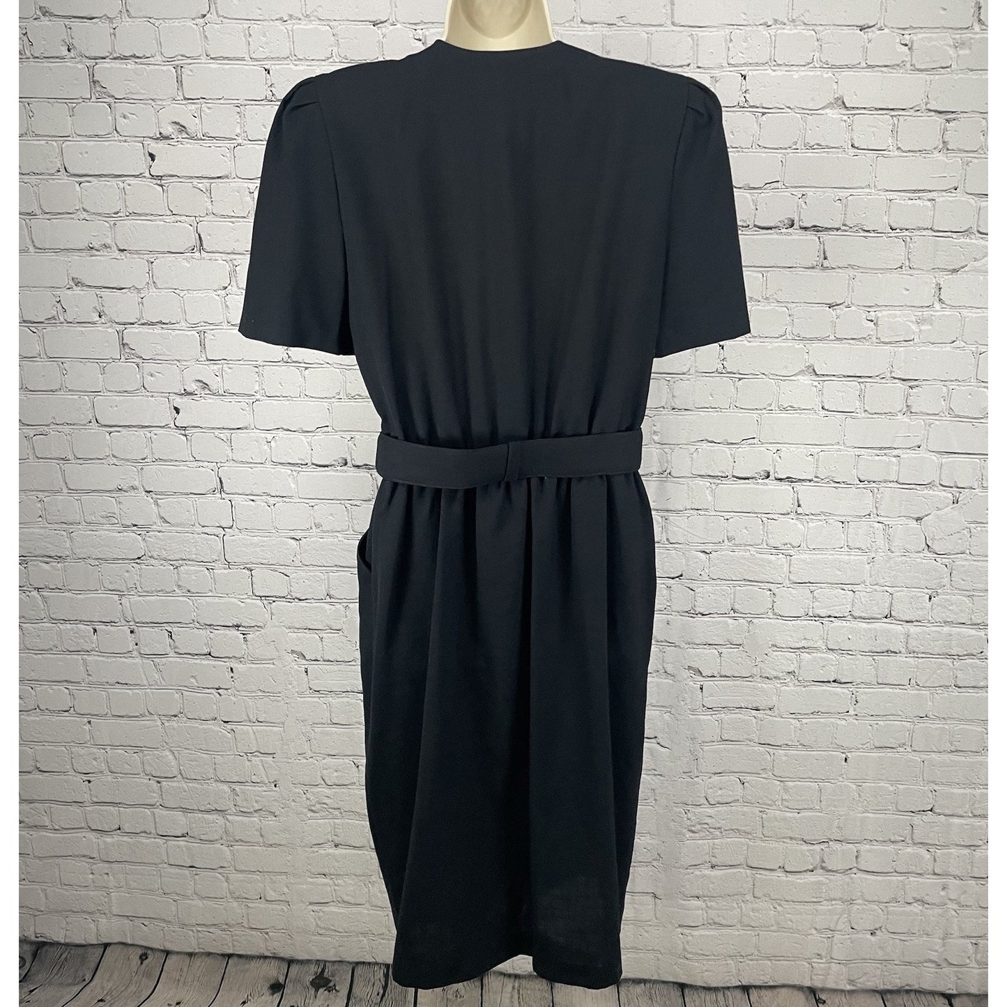 VTG Periwinkle Black Retro Padded Belted Pockets Shift Dress USA Made Size 14