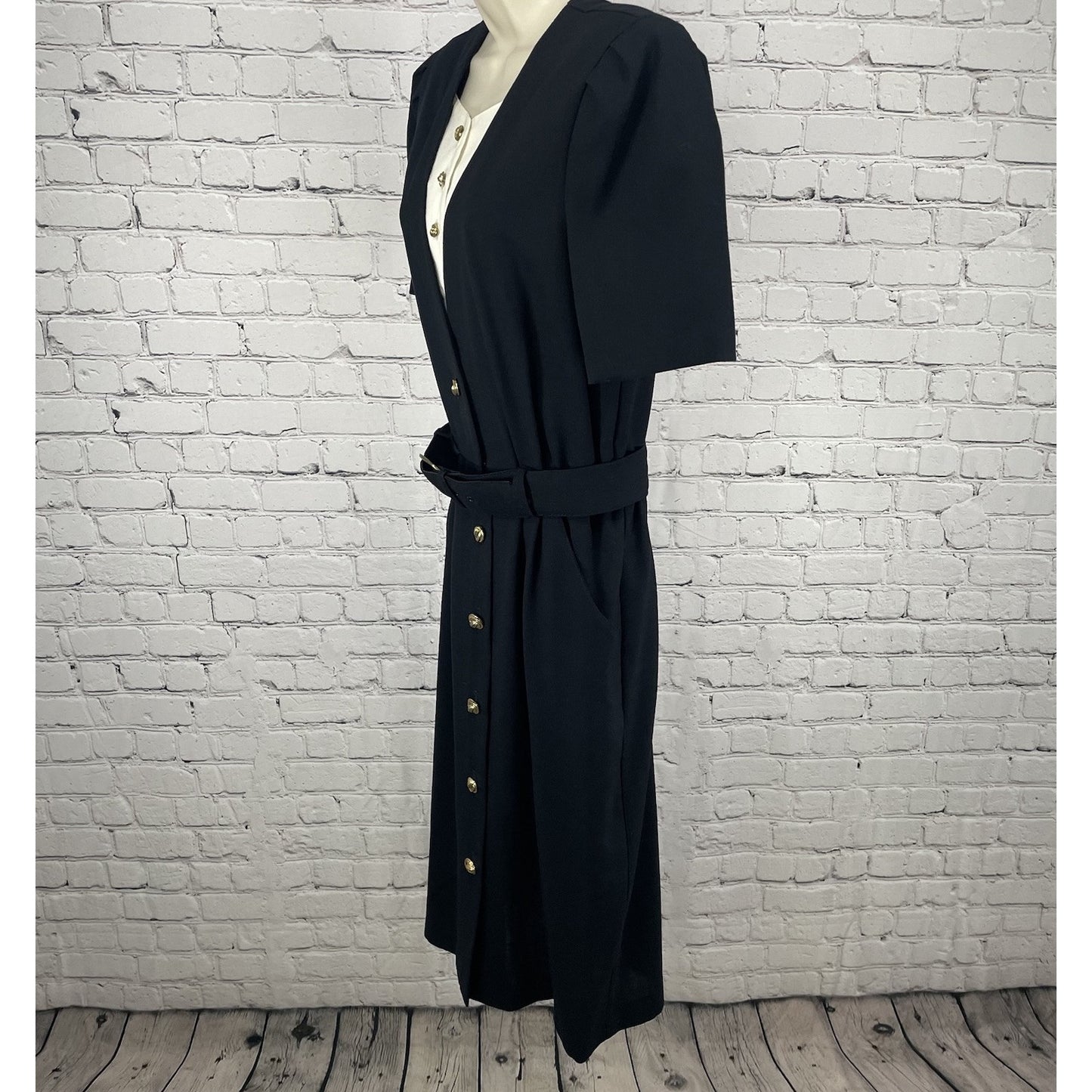 VTG Periwinkle Black Retro Padded Belted Pockets Shift Dress USA Made Size 14