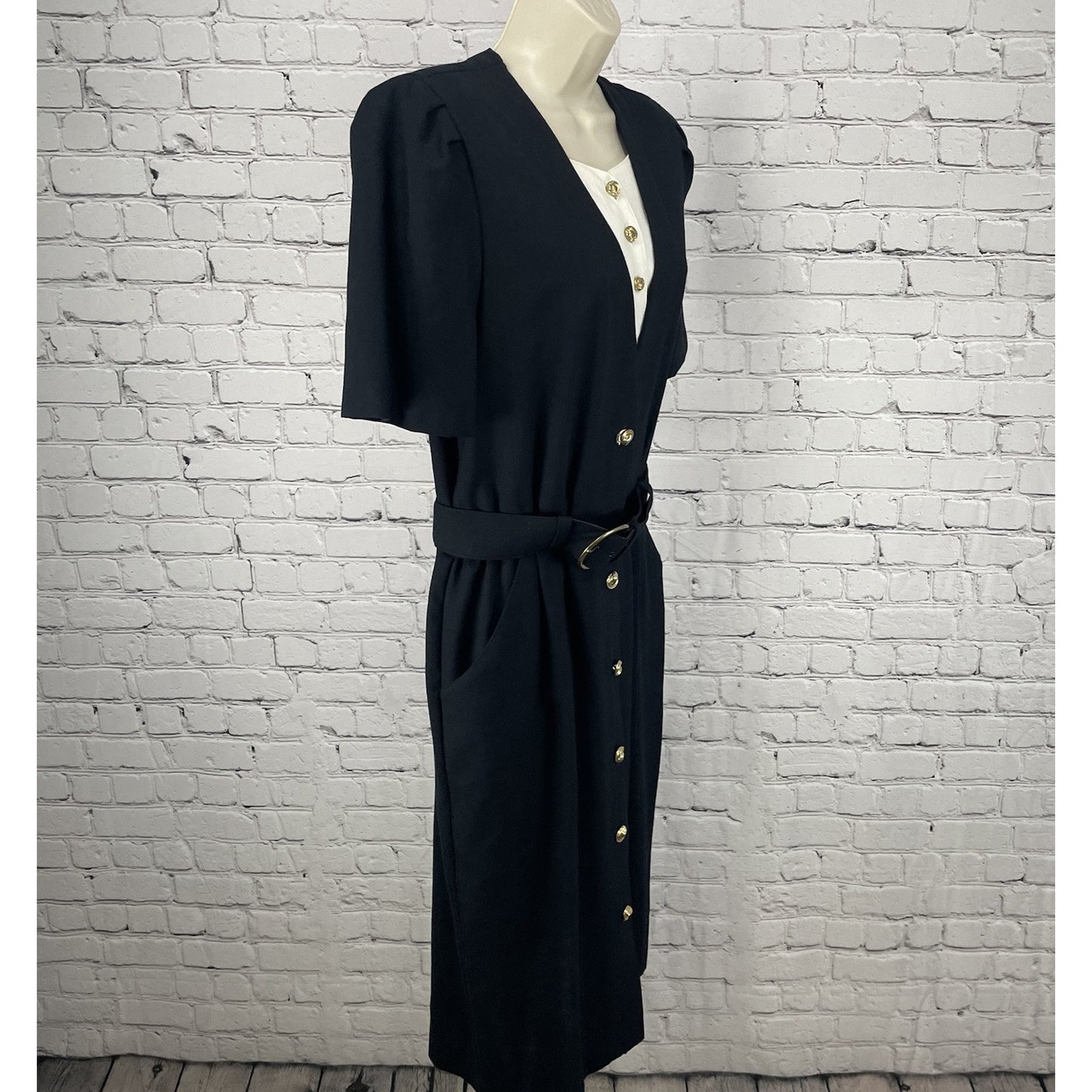 VTG Periwinkle Black Retro Padded Belted Pockets Shift Dress USA Made Size 14