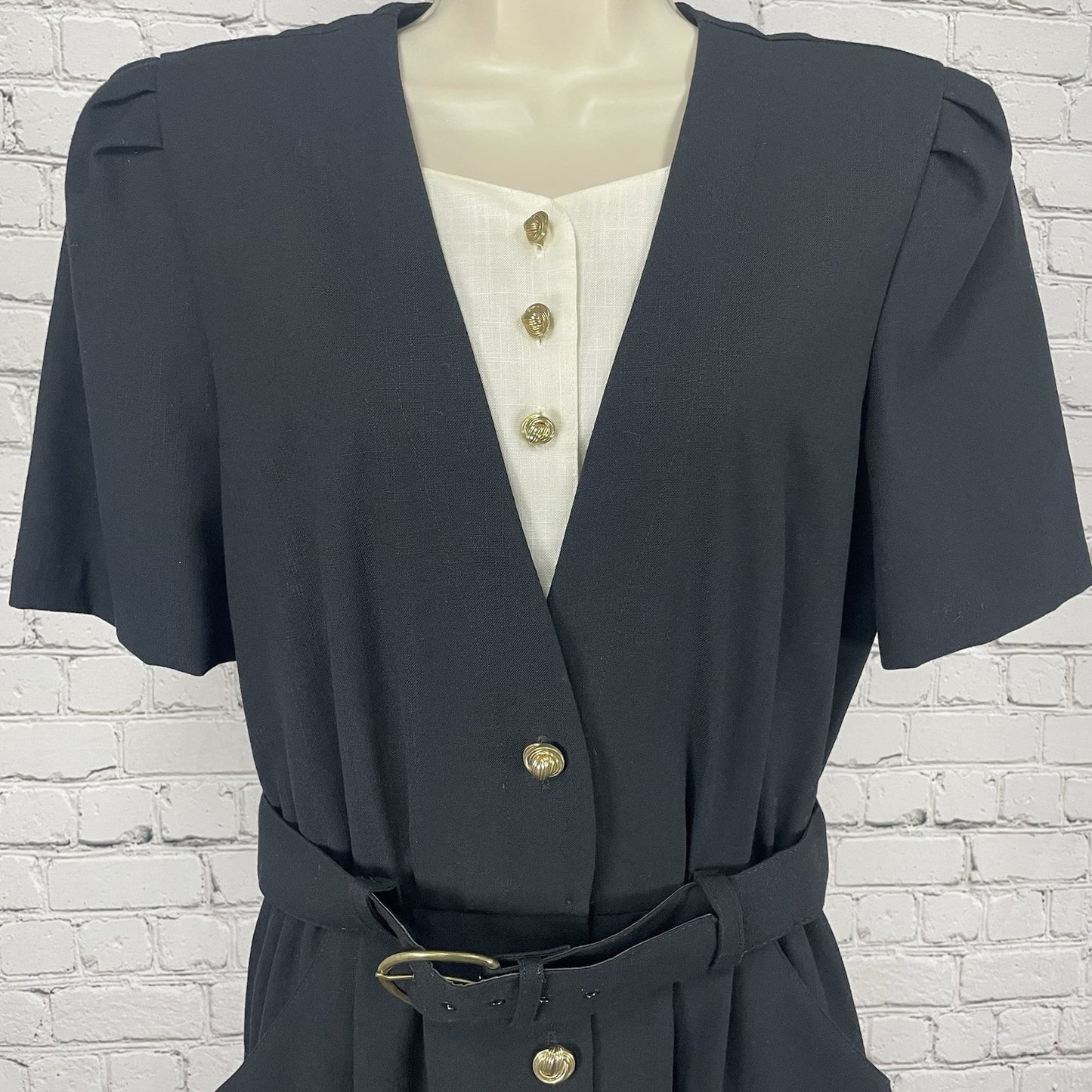 VTG Periwinkle Black Retro Padded Belted Pockets Shift Dress USA Made Size 14