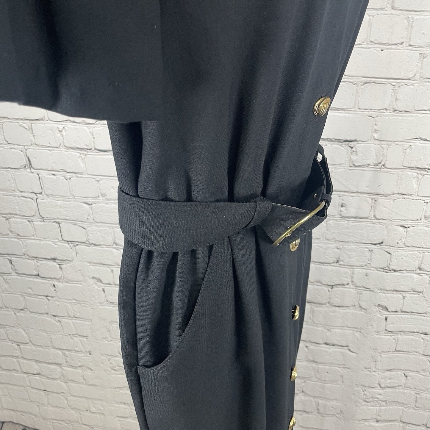 VTG Periwinkle Black Retro Padded Belted Pockets Shift Dress USA Made Size 14