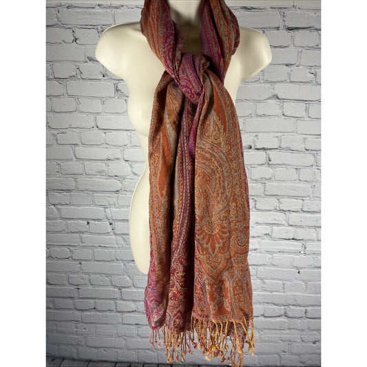 FRANGI Pink Multicolor Paisley 100% Wool Tasseled Scarf Shaw Wrap India 80”x 28”