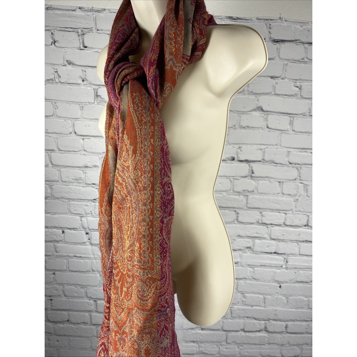 FRANGI Pink Multicolor Paisley 100% Wool Tasseled Scarf Shaw Wrap India 80”x 28”
