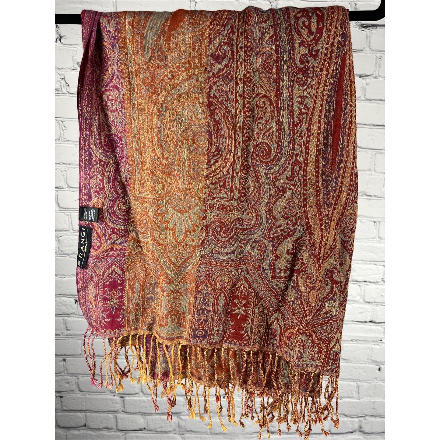 FRANGI Pink Multicolor Paisley 100% Wool Tasseled Scarf Shaw Wrap India 80”x 28”
