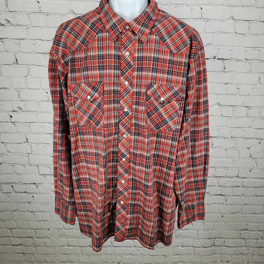 VTG Wrangler Red Plaid Western Pearl Snap Long Sleeve Lightweight Shirt Size XXL