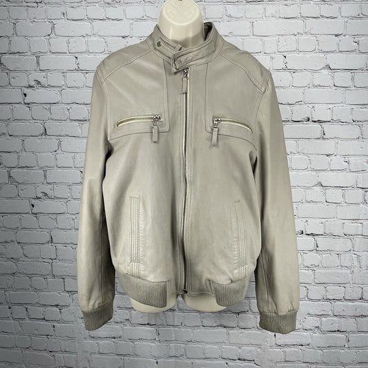 Prego Beige Taupe Leather Zipped Jacket Lined Knit Cuffs Size Large L *stained