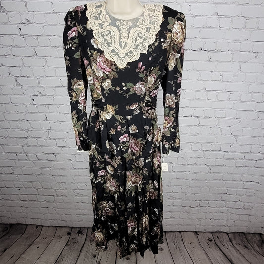 NWT VTG Act I Black Floral Lace Accents Long Sleeve Dress USA Made Size 13-14
