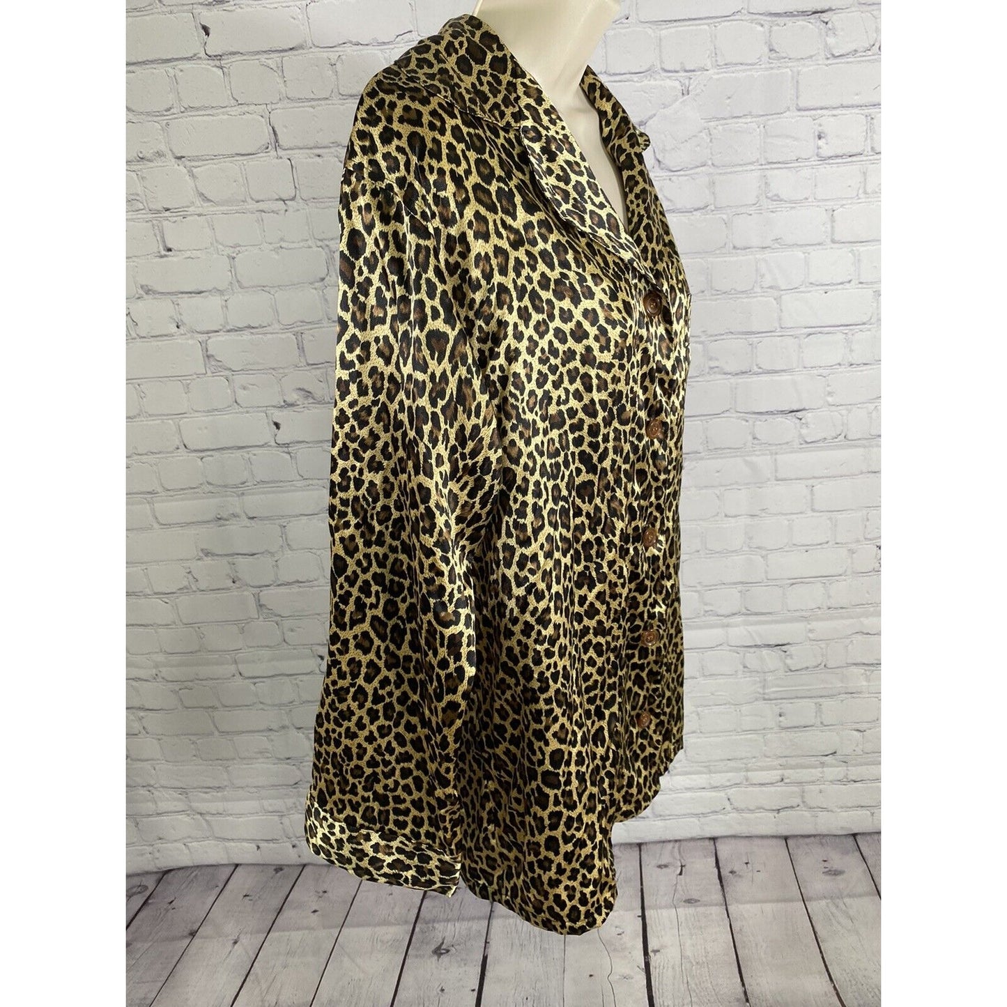Victorias Secret Gold Cheetah Print Satin Long Sleeve Button Up Pajama Shirt S