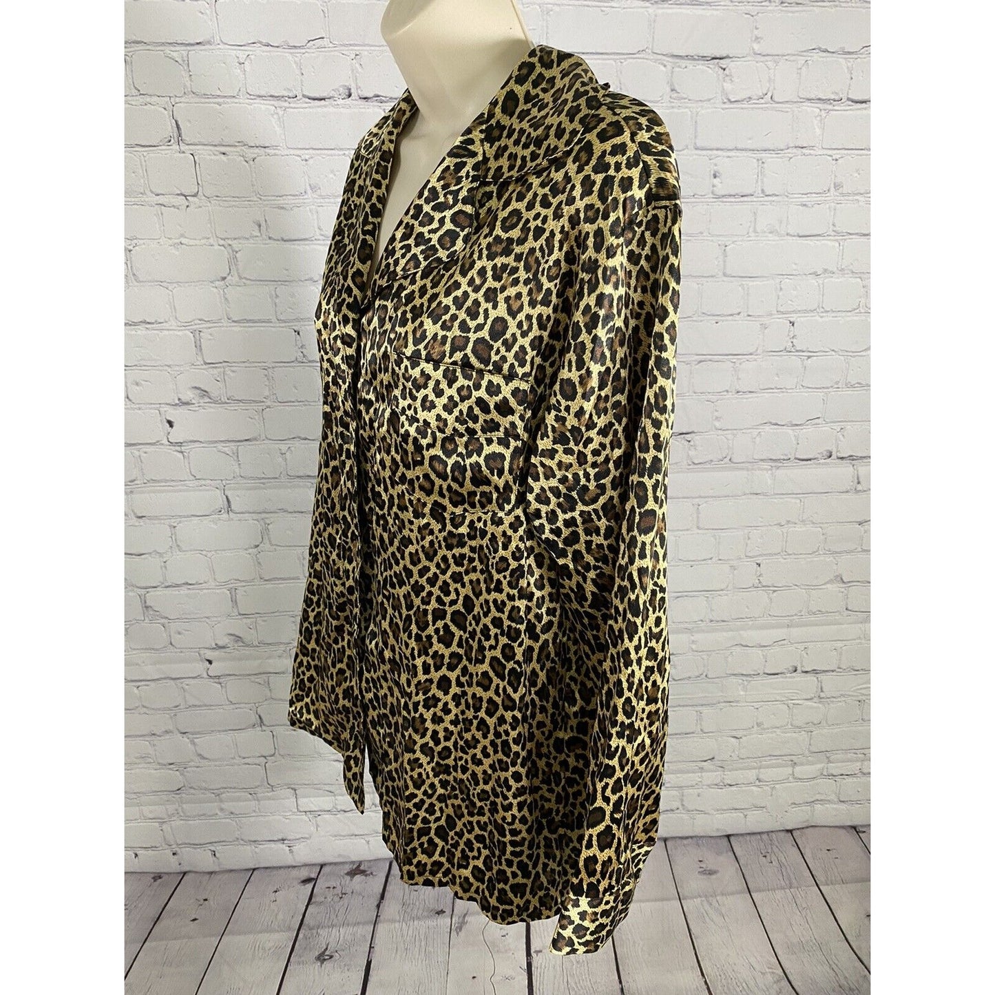 Victorias Secret Gold Cheetah Print Satin Long Sleeve Button Up Pajama Shirt S