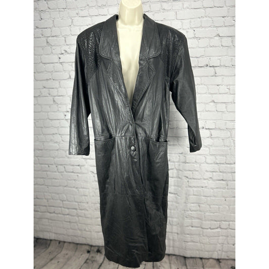 VTG Comint Black Genuine Leather Long Sleeve Goth Trench Duster Size Small S