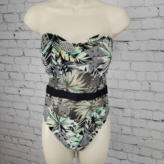 Kenneth Cole Black & White Tropical Built In Bra 1 Piece Swimsuit Size Large L