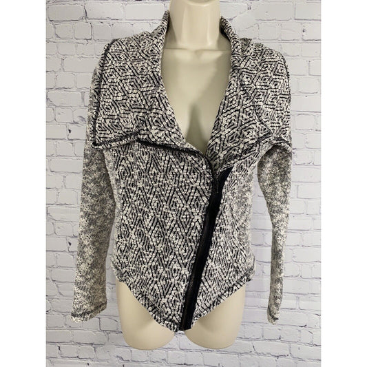 Lucky Brand Black White Diamond Long Sleeve Zip Up Collared Sweater M Medium