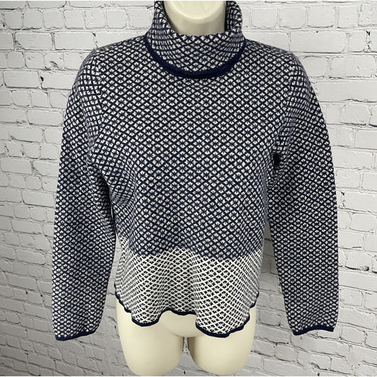 Moth Blue Ivory Wool Blend Printed Mock Neck Pullover Short Crop Sweater Large L