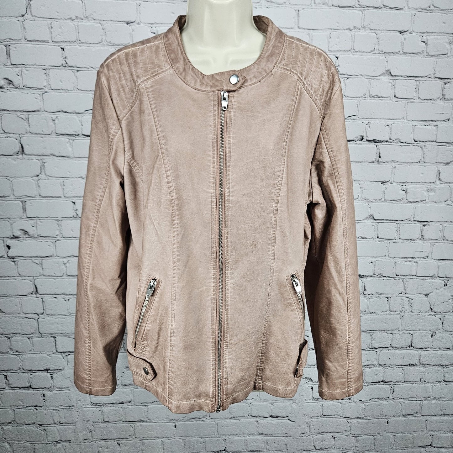 Sebby Pink Blush Faux Vegan Leather Full Zip Stretch Knit Sides Moto Jacket XL