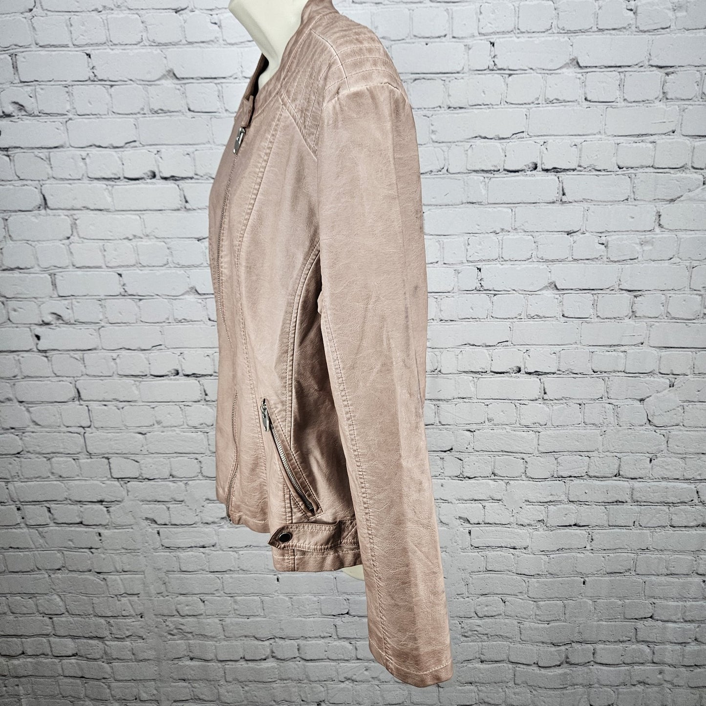 Sebby Pink Blush Faux Vegan Leather Full Zip Stretch Knit Sides Moto Jacket XL