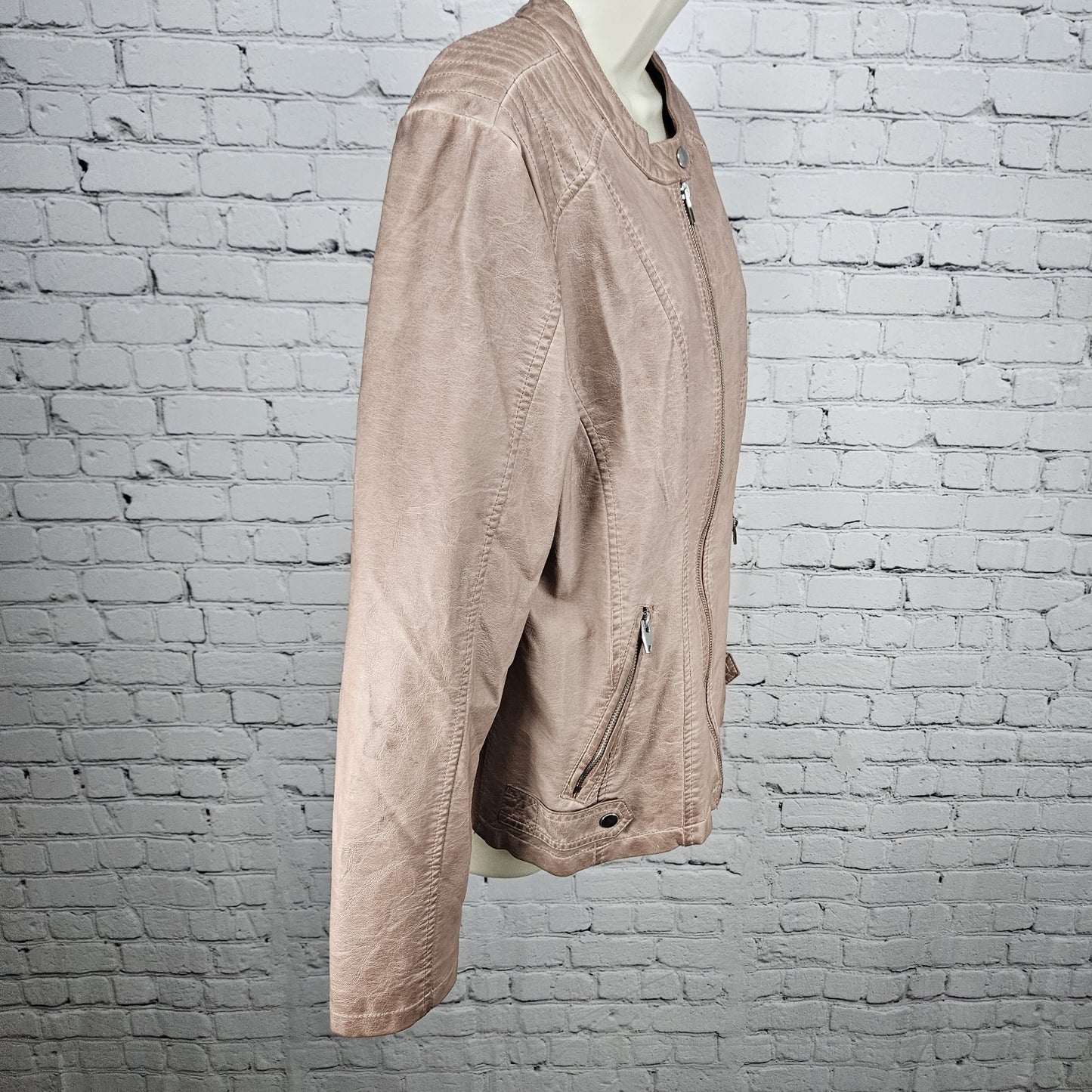 Sebby Pink Blush Faux Vegan Leather Full Zip Stretch Knit Sides Moto Jacket XL