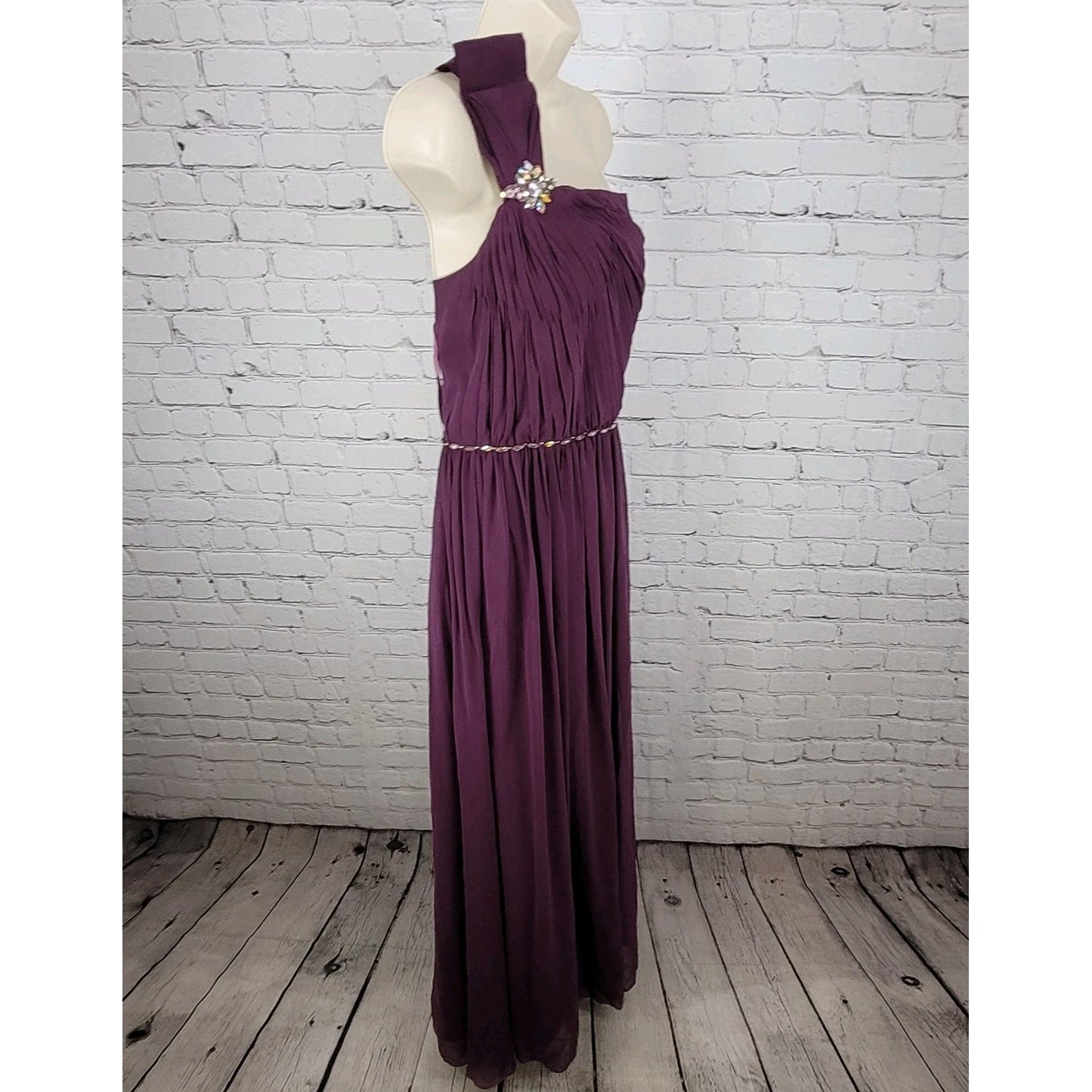 Aspeed Purple Chiffon One Shoulder Brooch Embellished Dress Gown USA Size XL