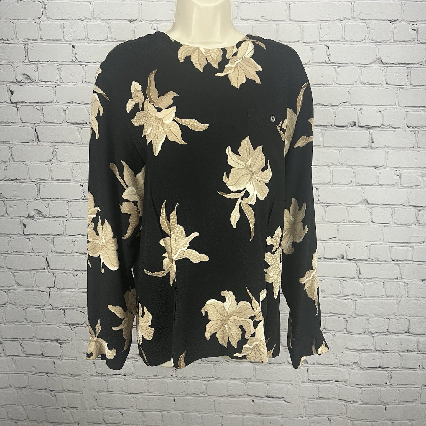 VTG Liz Claiborne Black Tan Floral Silk Back Button Up Long Sleeve Blouse 12