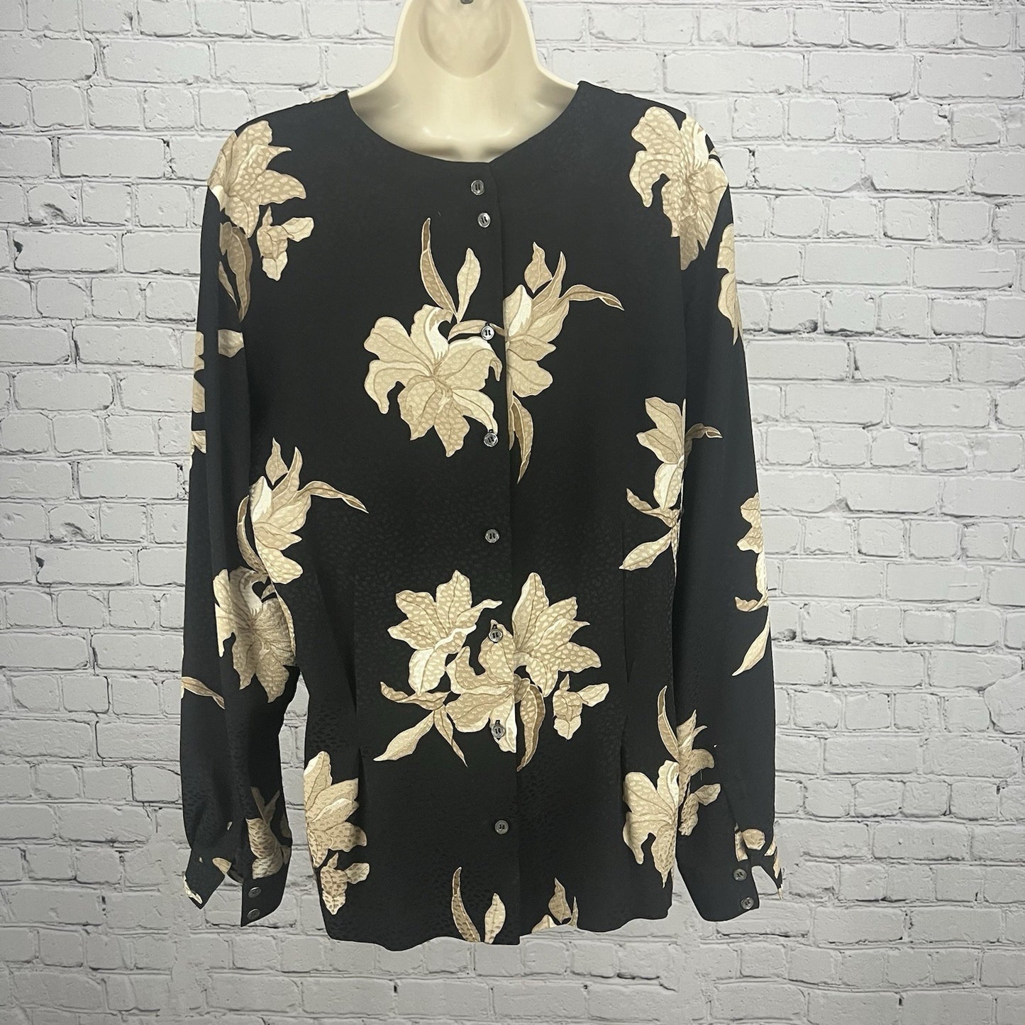 VTG Liz Claiborne Black Tan Floral Silk Back Button Up Long Sleeve Blouse 12