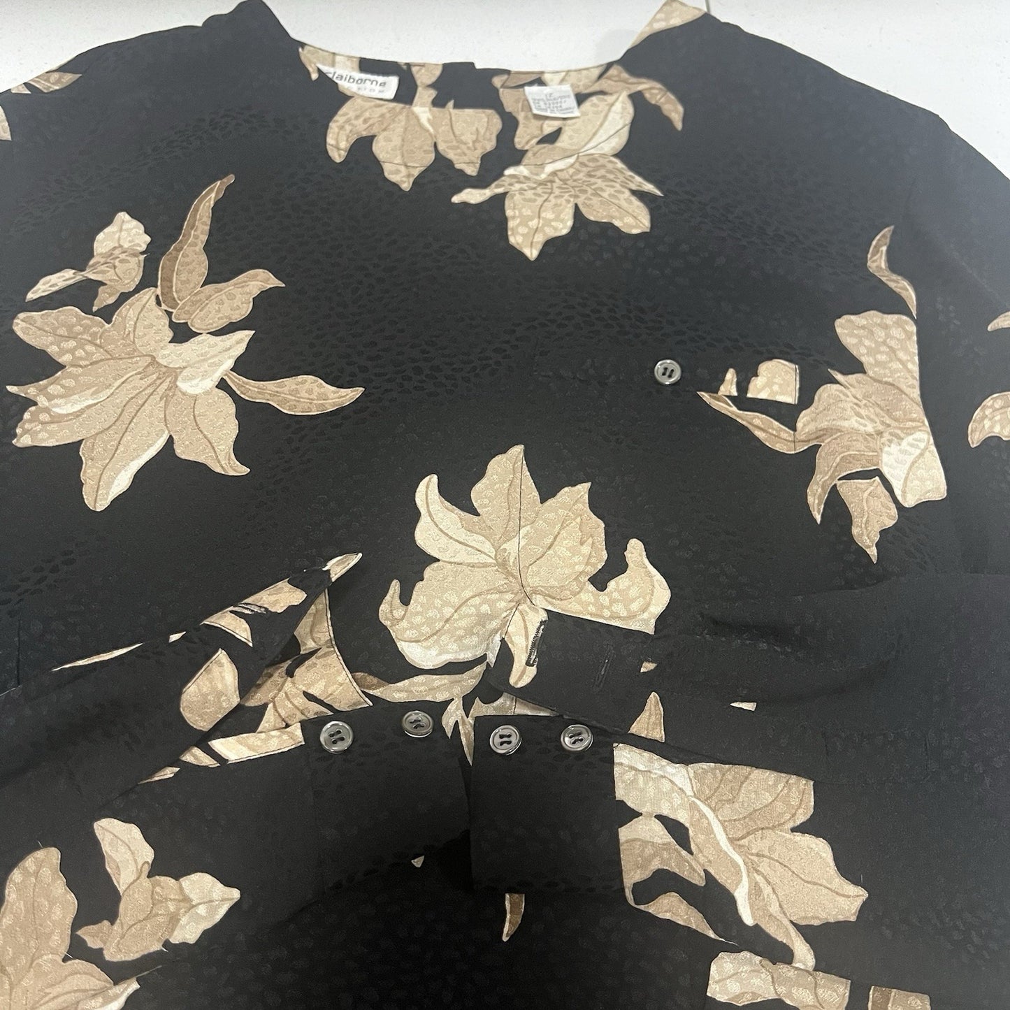 VTG Liz Claiborne Black Tan Floral Silk Back Button Up Long Sleeve Blouse 12