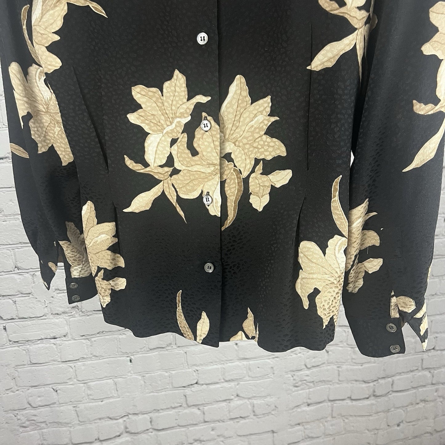 VTG Liz Claiborne Black Tan Floral Silk Back Button Up Long Sleeve Blouse 12