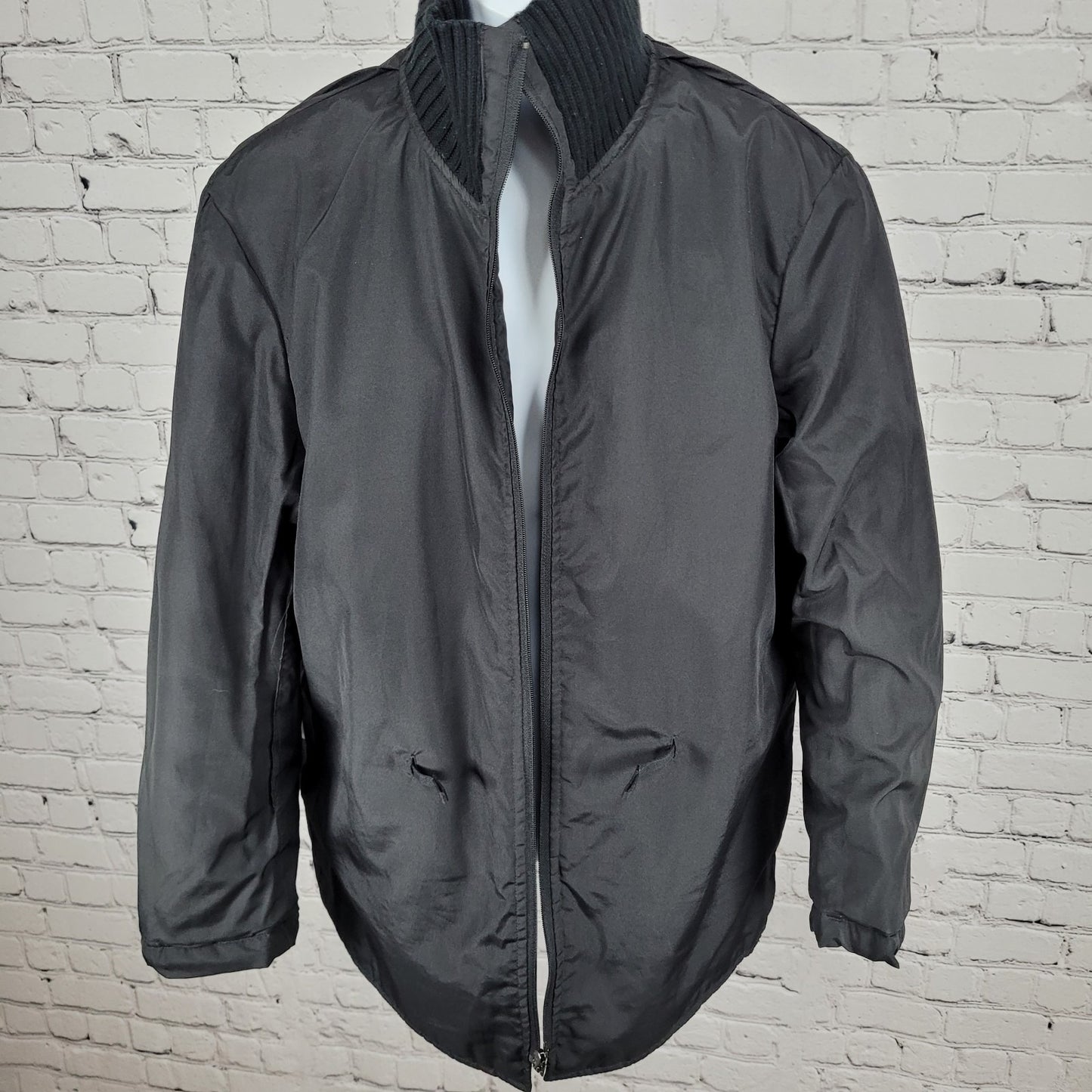 Zara Man Black Full Zip Knit Collar Lightweight Zip Pockets Jacket Size Large L
