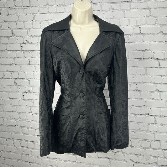 VTG Serious Black Faux Leather 100% Man Made Lined Coat USA Women’s Size Medium