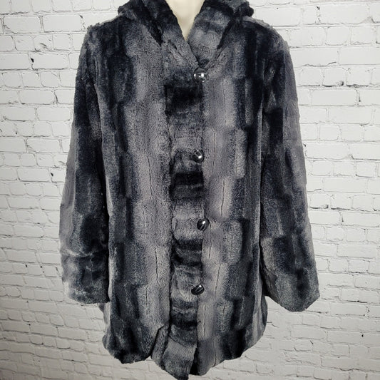 Hal Rubenstein Black & Grey Soft Faux Fur Reversible Hooded Coat Size Medium M